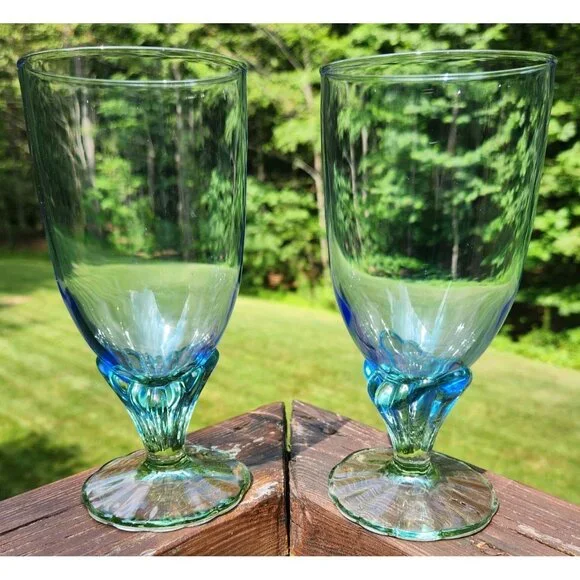 Set of 2 Bormioli Rocco Bahia Blue Green Footed Iced Tea Water Goblets 7 3/8" - Picture 1 of 6